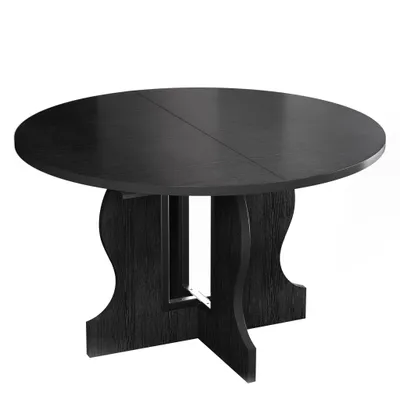 A black round dining table with a unique wooden base, presented against a white background.
