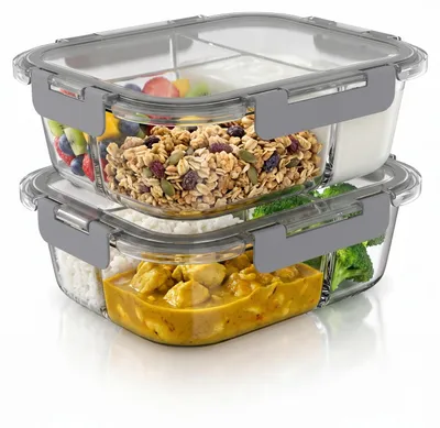 Produktbild von Arendo Vorratsdosen 2er Set mit 3 Fächern, Meal Prep Frischhaltedosen aus Borosilikatglas je 1500 ml, Klickverschluss, Silikondichtung, luftdicht, auslaufsicher, transparent