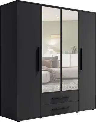 Produktbild von Schlafzimmer Kleiderschrank mit 198 cm Breite, schwarz matt mit schwarzen Griffen, mit 4 Türen & 2 Schubladen - MOLLERUSA-132