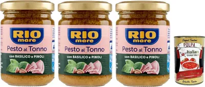 Produktbild von Rio mare Pesto al Tonno con Basilico e Pinoli, Thunfischpesto mit Basilikum und Pinienkernen pasta sauce 3x 130 g + Italian Gourmet polpa 400g