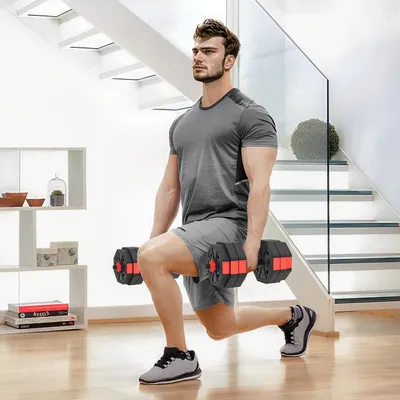 Produktbild von SUGIFT Hantelset 6-in-1 verstellbar 25 kg, Kurzhantel Langhantel Kettlebell Liegestützgriff, Kunststoff Rot | 125 x 18 x 18 cm | sandgefüllte Scheiben