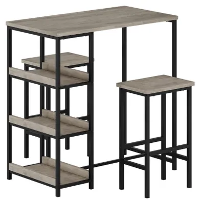Immagine prodotto di Set da bar: tavolo con 2 sgabelli, completo di 3 ripiani, stile industriale, struttura in metallo nera e piano grigio