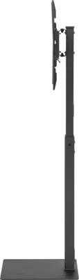 A black TV stand with a TV mount is shown from the side against a white background.