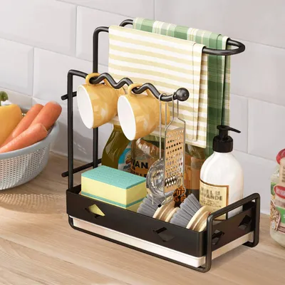 Spülbecken-Organizer mit Handtuchhalter, schwarz, 25x15x29 cm