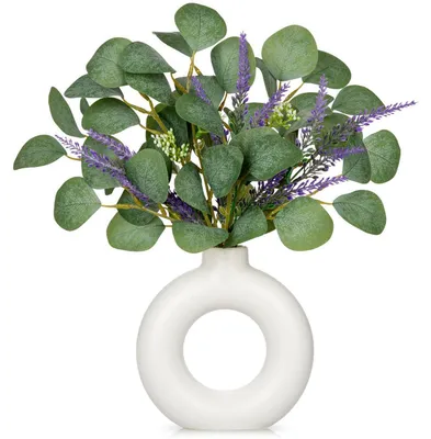Produktbild von Künstliche Eukalyptus- und Lavendel-Deko mit weißer Donut-Vase 36 cm