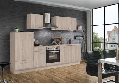 Produktbild von Menke Möbelfabrik Küchenzeile Classic, Sonoma Eiche Nachbildung, 280 cm breit, 60 cm tief, Kunststoff, mit Elektrogeräten inkl. Glaskeramik Kochfeld