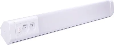 A white linear light fixture with two electrical outlets and a switch on one end, shown against a white background.