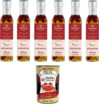 Produktbild von Olitalia Olio extra vergine di oliva al Peperoncino Extra natives Olivenöl mit Chilipfeffer 6x250 ml + Italian Gourmet polpa 400g