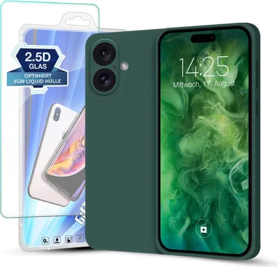 A green phone case and screen protector are displayed against a white background.