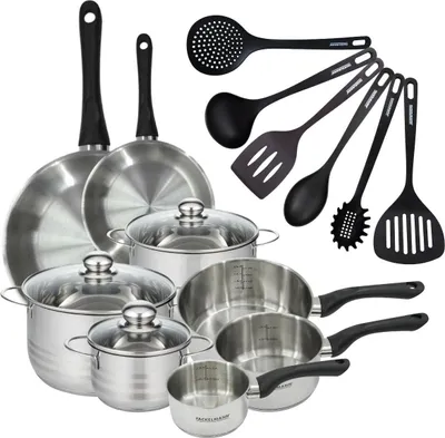 Image de Batterie de 2 poêles 20/28 cm, 3 casseroles 12/16/20 cm, 3 faitouts 16/20/24 cm, 6 ustensiles Fackelmann Geneva