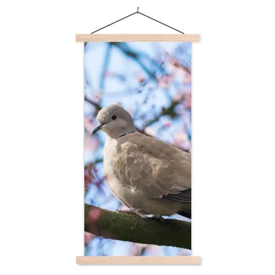 Produktbild von MuchoWow® Textilposter Vogel - Blumen - Taube - Blütenzweige - Rosa 60x120 cm mit holzfarbenen Rahmen - Holz