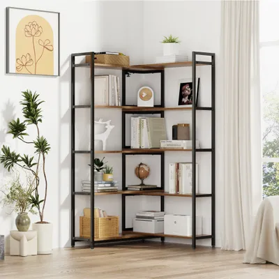 A corner bookshelf filled with books, decorative items, and plants.