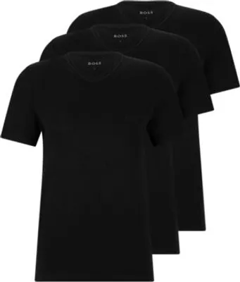 Three black V-neck t-shirts are stacked on a white background.