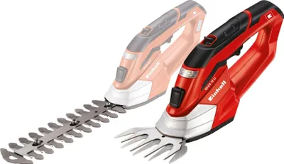 A red and black cordless grass and shrub shear with a long blade attachment and a shorter shear attachment.