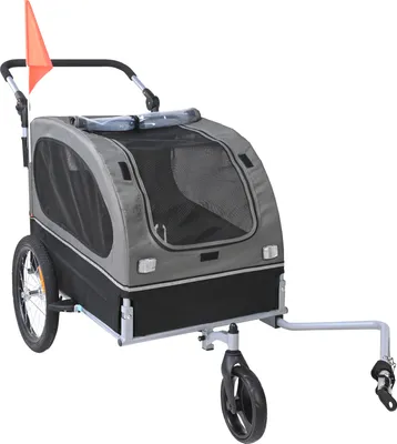 Obrázek produktu pro SucceBuy přívěs na kolo pro psy, nosnost 40 kg, kočárek 2 v 1, snadno skládací rám, univerzální spojka, odrazky, vlajka, černá/šedá barva