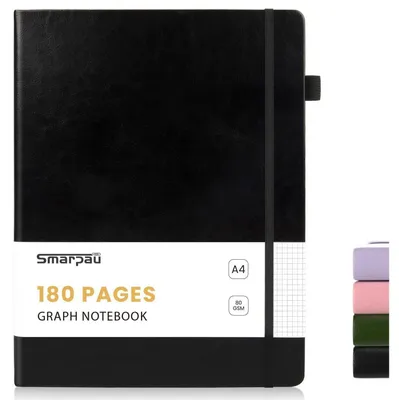 Immagine prodotto di Quaderno A4 a quadretti, 180 pagine, carta da 80 g/m², copertina rigida in pelle, dimensioni 21,3 x 29,5 cm, colore nero