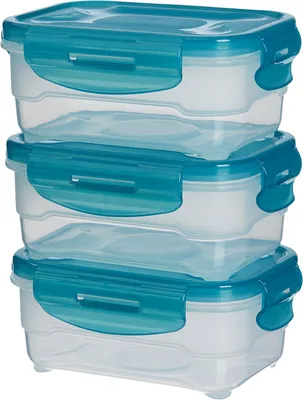 Image de Lot de 3 boîtes de conservation hermétiques, capacité de 0,6 litre, en plastique avec joint en silicone, de couleur bleu clair