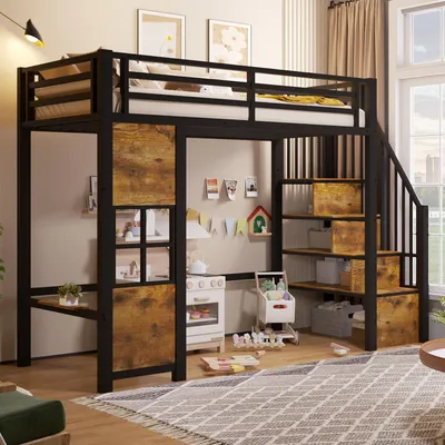 Productafbeelding van MODFU Metalen hoogslaper 90x200 met matras, kinderbed met opbergruimte, bed met een groot speelgedeelte onder het bed en een veiligheidsreling, zwart