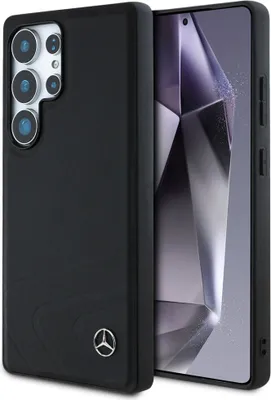 A black phone case with a Mercedes-Benz logo is shown next to a smartphone.