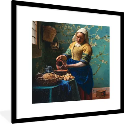 Produktbild von MuchoWow® Gerahmtes Poster Milchmädchen - Mandelblüte - Van Gogh - Vermeer - Gemälde - Alte Meister 40x40 cm - Poster mit Schwarzem Bilderrahmen Wandposter Rahmen Foto Bilder - Poster - Plakat im Rahmen