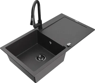 Immagine prodotto di Mexen Leo lavello in granito a 1 vasca con scolapiatti e rubinetto da cucina Elia, nero maculato - 6501-76-670101-70-B