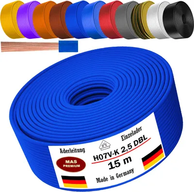Image de Câble d'alimentation de 15 mètres, type H07 V-K DBL, section 1x2,5 mm², de couleur bleu foncé, monoconducteur, flexible