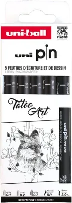 Produktbild von Uni-ball uni pin tattoo art pack de 5 kalibrierte Marker 0.1, 0.2, 0.7, 1.0, Pinsel und Meißel 3.0 - Polyacetal Spitze - wasserfeste pigmentierte Tinte und luz - schwarze Farbe