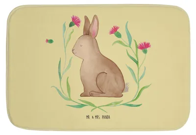 Produktbild von Mr. & Mrs. Panda Badezimmerteppich Hase Sitzen - Gelb Pastell - Geschenk, Liebe, Ostern, Frohe, Kaninchen, duschmatte, Grüße, Ostergrüße, Badematte, Badteppich