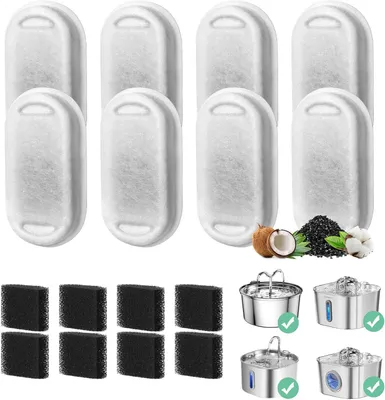 Produktbild von Katzenbrunnen Filter 8er Set für 2,2L/74oz Edelstahl Katzenbrunnen – Ersatzfilter mit Aktivkohle & Vorfilter, Wasserfilter für Katzen Trinkbrunnen