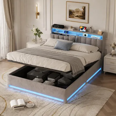 Obrázok produktu pre Postel NONEFT, 140 x 190 cm, dvojlôžko s LED osvetlením a USB portom, hydraulická posteľ s úložným priestorom a roštom, čalúnená látkou, farba: sivá, Obrázok generovaný UI