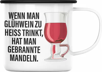 Produktbild von Trendation - Glühwein Emaille Tasse Lustig Spruch Glühweinbecher mit Henkel Doppelwandig GlühweinEmaille Tassen Gläser Weihnachtsmarkt Becher Emaille Tassen Geschenk - Gebrannte Mandeln (Schwarz)