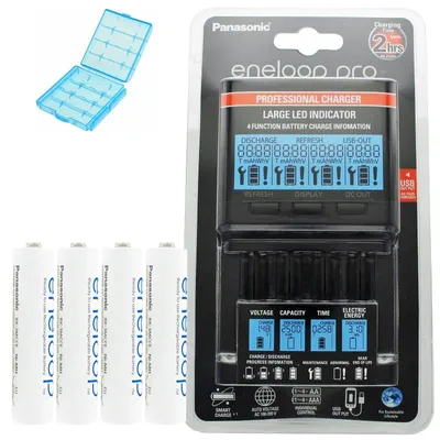 Zdjęcie produktu dla Panasonic eneloop Ladegerät BQ-CC65 inkl. Wyświetlacz LCD, 4 ogniwa eneloop Standard AAA Micro i AccuCell Akkubox Blue