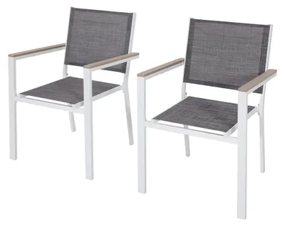 Produktbild von Gartenstühle 2er Set, Outdoor Stapelstühle mit Armlehnen aus Kunstholz, Wetterfeste Terrassenstühle aus Metallgestell & Textilene für Garten, Terrasse, Balkon, Veranda, Essbereich, Grau