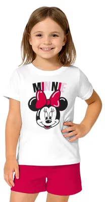 Produktbild von Disney Minnie Mouse Schlafanzug für Mädchen Kinder Pyjama Set Kurzarm Oberteil mit Hose Weiß/Pink 122-128