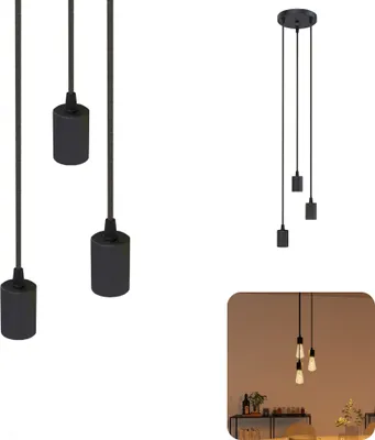 Produktbild von SSC-LUXon PARU Hängeleuchte 3-flammig Retro schwarz - Industrial Style Pendellampe mit Textilkabel höhenverstellbar für E27 Lampen