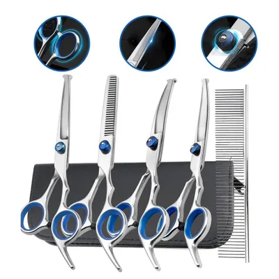 Produktbild von Scheren set Hundeschere mit Rundspitze Kamm Fellpflege-Set mit etui, Effilierschere, Fellschere, für Hunde Katzen Haustier zubehör Edelstahl Blau