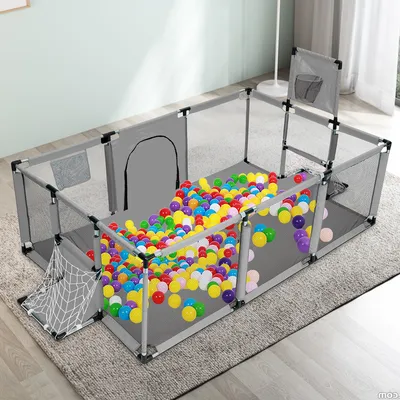 Produktbild von 180x122CM Große Baby Laufstall Kindersicherheits-Spielfelder Laufgitter Absperrgitter mit Atmungsaktivem Mesh, Farbe: Hellgrau (Ohne Ozeanball)
