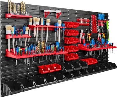 Zdjęcie produktu dla System magazynowy Regał warsztatowy | 156 x 78 cm | 32 szt. Pudełko | Regał ścienny z uchwytami na narzędzia i pojemnikami do układania w stosy - Płyty ścienne Bardzo wytrzymały regał z przegródkami Ściana perforowana Regał magazynowy Regał garażowy