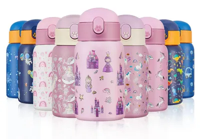 Image de Bouteille d'eau pour enfants, 400 ml, en acier inoxydable, sans BPA, avec paille