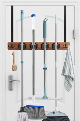 Produktbild von Unyqoos® Besenhalter für Wand & Tür – 4 Halterungen + 2 Haken, Türaufhängung oder Schraubenmontage, Holz & Metall, Schwarz/Holzoptik, bis 10 kg