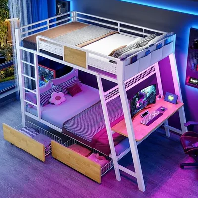 Obrázok produktu pre Kovové poschodové lôžko 90x200 cm s herným stolom, zásuvkami, USB/Type-C portami a LED osvetlením – s úložnými košíkmi, biela (bez matraca)