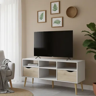 Image de Aliani - Meuble TV, 117x39x57h cm Blanc, 2 Tiroirs