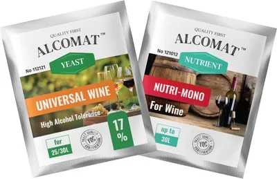 Produktbild von Weinhefe Alcomat Universal Hefe HAT 17% + Nährstof Nutri Mono | Hefenahrung | Gärhefe Brennhefe Weinhefe, Hohe Alkoholtoleranz | für Wine | 2pack SET