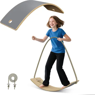 Produktbild von XMTECH Balance Board aus Holz mit EVA Anti-Rutsch Matte Grau, Montessori Spielzeug, Kinder Balancierbrett 82x30x1,5 cm, Wackelbrett für Gleichgewicht und Koordination, inkl. Seil & Holzstäbe