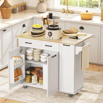 Image de Îlot de cuisine mobile, chariot de cuisine avec plan de travail rabattable et prise électrique, blanc. Chariot de service imitation bois, meuble de cuisine mobile, dimensions : 119,5 x 74 x 94,5 cm