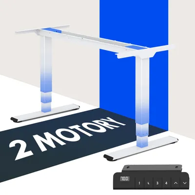 A white adjustable desk frame with a blue gradient accent, displayed on a light gray and white background with a bold blue vertical stripe. Text overlaid on the foreground indicates '2 MOTORY'. A black control panel with a digital display is shown in the l