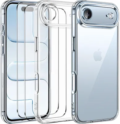 A clear protective case for an iPhone is shown, with multiple cases layered to demonstrate the product.