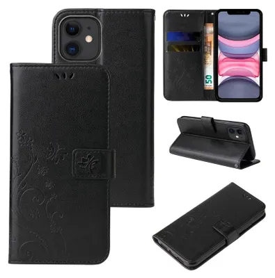 Produktbild von Handyhülle für Apple iPhone 11 Floral Blumen Schmetterling Flip Cover Hülle Case Klapphülle Handytasche Farbe: Schwarz