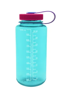 A teal Nalgene water bottle with red and purple accents, shown against a white background.