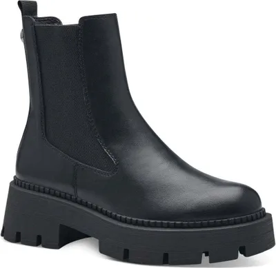 A black Chelsea boot with a thick lug sole is shown against a white background.